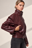 Faux-leather Belted Bomber Jacket