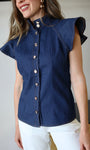 Denim Cap Sleeve Button-Down Top