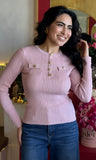 Ribbed Knit Top W/ Gold Buttons
