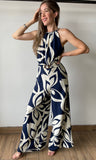 Braid Trim Halter Neck Belted Jumpsuit