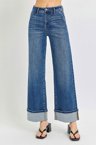 High Rise Ankle Wide Cuffed Jeans