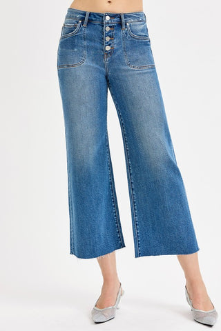 High Rise Crop Wide Button Up Jeans