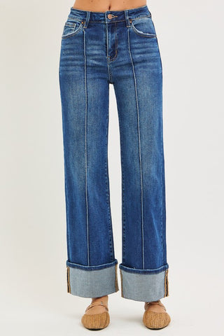 High Rise Ankle Wide Turn Up Jeans