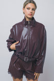 Faux-leather Belted Bomber Jacket