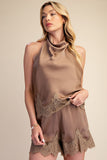 Halter Neck Lace Trim Satin Top