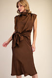 Mock Neck Waist Tie Midi Dress
