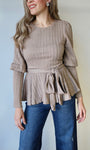 Taupe Front Tie Sweater Blouse