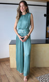 Buckle Satin Pleated Jumpsuit