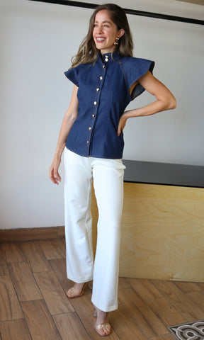 Denim Cap Sleeve Button-Down Top
