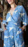 Palm Print 3/4 Sleeve V- Neck Jumpsuit