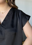 Black V-neck Placket Shirring Top