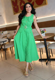 Green Belted Button Dress