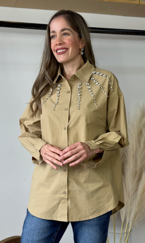 Khaki Rhinestone Detail Button Blouse