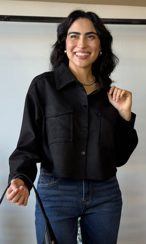 Black Cropped Faux Suede Jacket