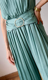 Buckle Satin Pleated Jumpsuit