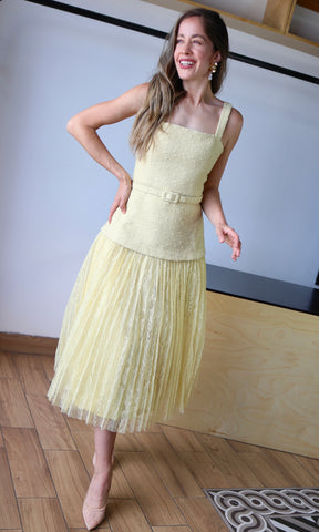 Tweed With Lace Pleat Midi Dress