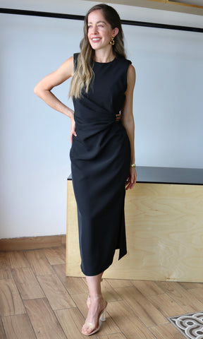 Sleeveless Draped Gold Accent Midi Dress