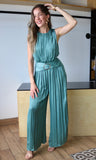 Buckle Satin Pleated Jumpsuit
