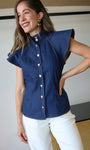 Denim Cap Sleeve Button-Down Top