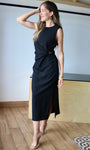 Sleeveless Draped Gold Accent Midi Dress