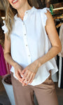 White Button-Down Flutter Sleeve Shirt