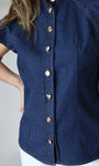 Denim Cap Sleeve Button-Down Top
