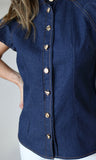 Denim Cap Sleeve Button-Down Top