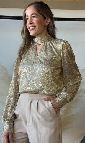 Lurex Top With Shirred Mock Neck