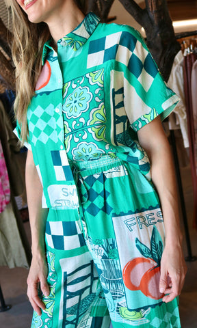 Green Print Button Shirt