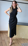 Sleeveless Draped Gold Accent Midi Dress