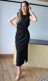 Sleeveless Draped Gold Accent Midi Dress