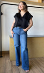 Black V-neck Placket Shirring Top