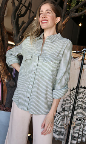Green Striped Roll Up Button Down Shirt