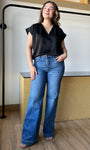 Black V-neck Placket Shirring Top
