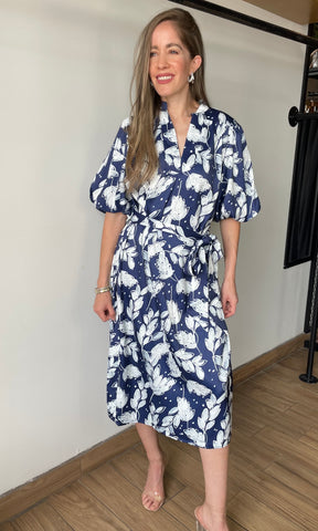 Floral Print Bubble Sleeve Midi-Dress