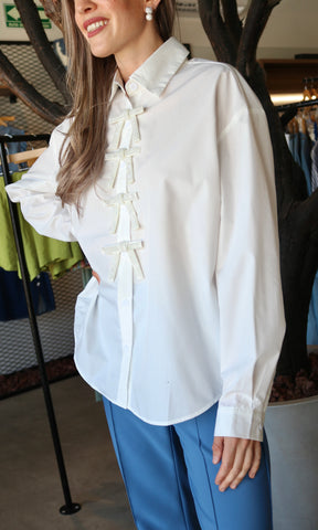 Rhinestone Bow Embellished Long Sleeve Shirt