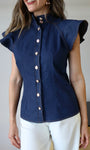 Denim Cap Sleeve Button-Down Top
