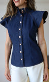 Denim Cap Sleeve Button-Down Top