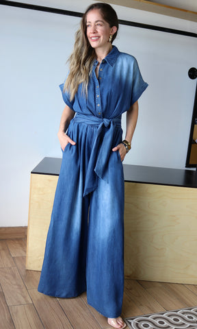 Button Down Front Drop Shoulder Jumpsuit