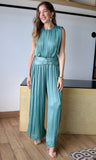 Buckle Satin Pleated Jumpsuit
