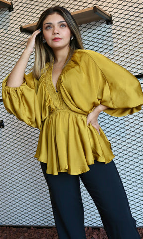 Smocked Kimono Sleeve Satin Top