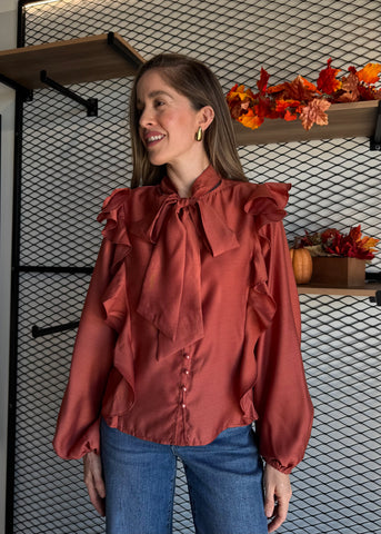Soft Wool Bow Tie & Pearl Buttons Blouse