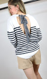 Fuzzy String Stripe Open Back Tie Sweater